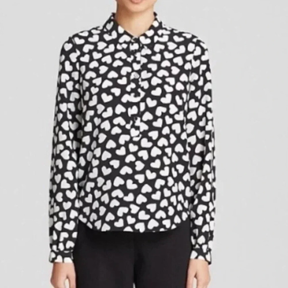 Kate Spade Silk Black Heart Print Half Button Down Shirt - Picture 7 of 9